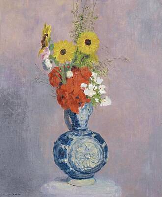 Misty Fog - Bouquet of Flowers in a Blue Vase 01 by Odilon Redon