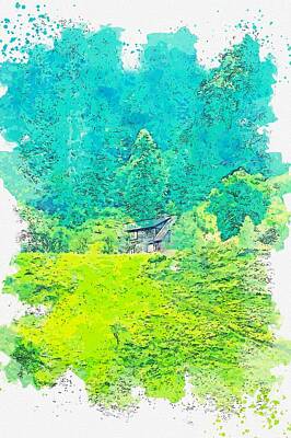 Royalty-Free and Rights-Managed Images - Brown Wooden House Surrounded by Green Trees, watercolor by Adam Asar by Celestial Images