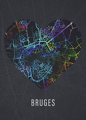 Temples - Bruges Belgium City Heart Street Map Love Dark Mode by Design Turnpike