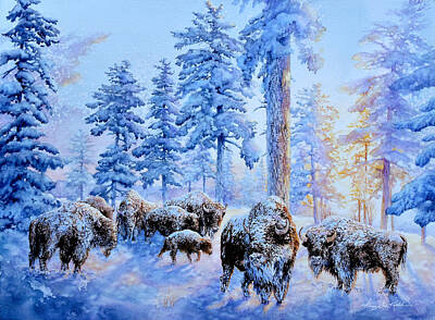 Mammals Paintings - Buffalos At Sunrise by Hanne Lore Koehler