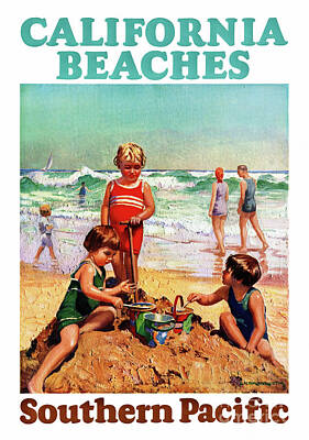 Beach Drawings - California USA Vintage Travel Poster Restored by Vintage Treasure