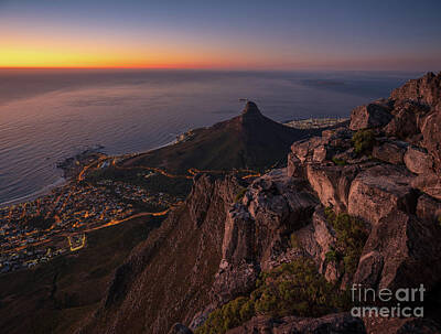 Animals Photos - Cape Town Lions Head Sunset from Table Mountain by Mike Reid