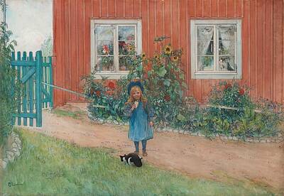 Portraits Paintings - Carl Larsson,   Brita, Cat And Sandwich by Celestial Images