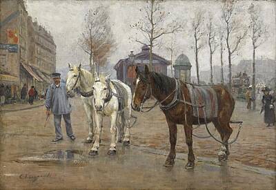 Paris Skyline Paintings - CARL TRAGARDH 1861-1899 Horses on paris street by Celestial Images
