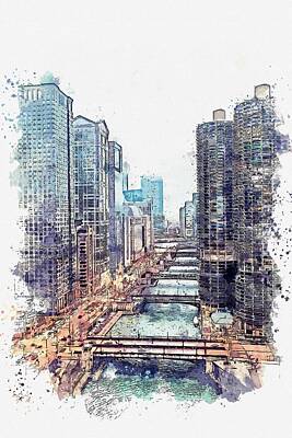 Skylines Paintings - Chicago Downtown 99 watercolor by Ahmet Asar by Celestial Images