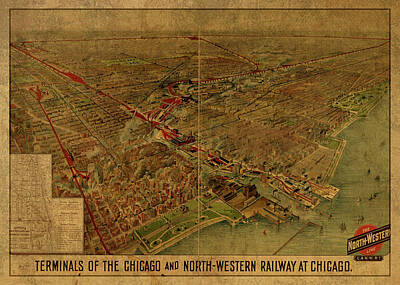 Cities Mixed Media Royalty Free Images - Chicago Illinois Railway Terminals Vintage City Street Map 1902 Royalty-Free Image by Design Turnpike
