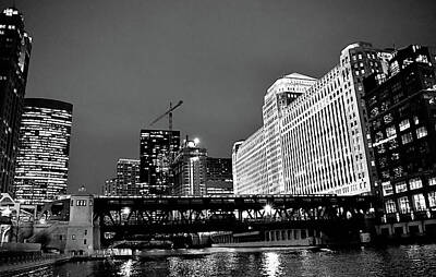 Fromage - Chicago River View at Night BW by Norman Gragasin