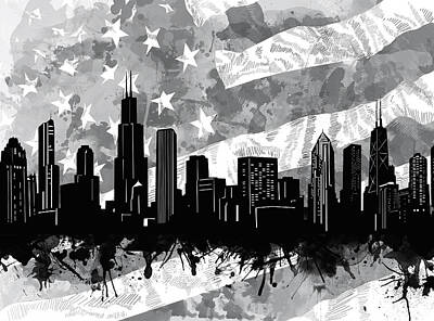 Cities Digital Art - Chicago Skyline Flag by Bekim M