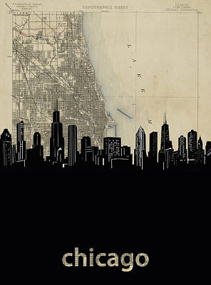 Abstract Skyline Digital Art - Chicago Skyline Map by Bekim M