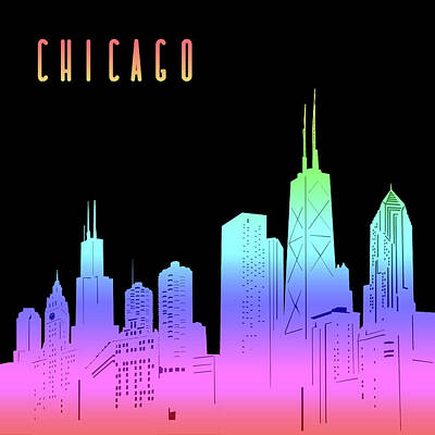 Abstract Skyline Digital Art - Chicago Skyline Panorama Rainbow by Bekim M