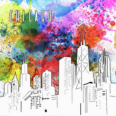 Cities Digital Art - Chicago Skyline Panorama Watercolor by Bekim M