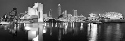 City Scenes Royalty Free Images - Cleveland Skyline at Dusk Black and White Rock Roll Hall Fame Royalty-Free Image by Jon Holiday