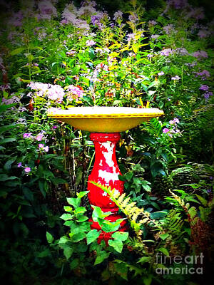 Frank J Casella Photos - Color Birdbath with Flowers by Frank J Casella