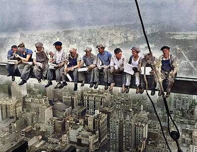 Fantasy Ryan Barger Rights Managed Images - Construction workers at lunch atop a steel beam, 800 feet above the ground, , RCA Building in Rockef Royalty-Free Image by Celestial Images