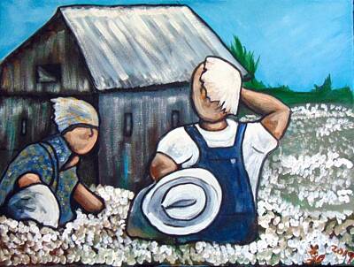Baseball Hat Paintings - Cotton pickers by Loretta Nash