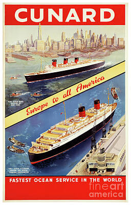 Best Sellers - Beach Drawings - Cunard England Vintage Travel Poster Restored by Vintage Treasure