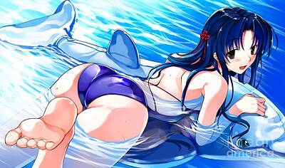 Comics Drawings - Cute Girl Playing With Inflatable Dolphin In Water Ultra HD by Hi Res