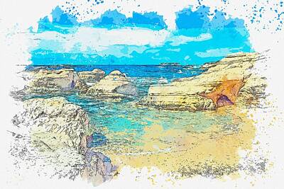 National Geographic - Cyprus Coastal Seascape -  watercolor by Ahmet Asar by Celestial Images