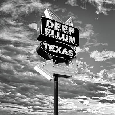 Cities Photos - Dallas Deep Ellum Texas Vintage Neon and Clouds - Monochrome by Gregory Ballos