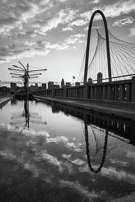 Skylines Photos - Dallas Skyline and Margaret Hunt Hill Bridge Reflections - Monochrome Edition by Gregory Ballos