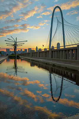 Skylines Photos - Dallas Skyline and Margaret Hunt Hill Bridge Sunrise Reflections by Gregory Ballos
