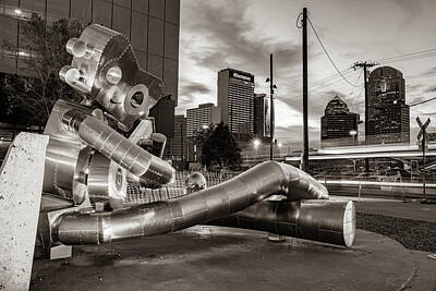 Skylines Photos - Dallas Skyline and Traveling Man Waiting on A Train - Sepia Edition by Gregory Ballos