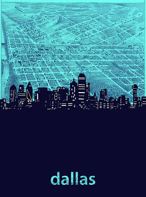 Skylines Digital Art - Dallas Skyline Map Turquoise by Bekim M