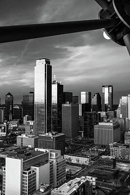 Skylines Photos - Dallas Skyline Through Reunion Tower in Monochrome by Gregory Ballos