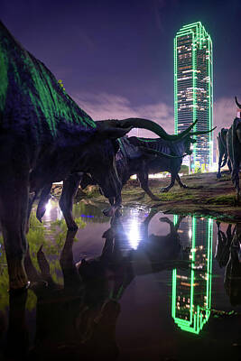 Skylines Royalty-Free and Rights-Managed Images - Dallas Texas Longhorn Cattle Drive Sculptures and Skyline Reflections by Gregory Ballos