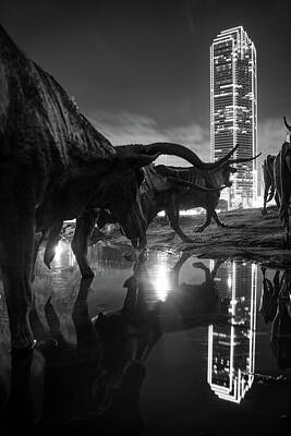 Skylines Photos - Dallas Texas Longhorn Cattle Drive Sculptures and Skyline Reflections - Monochrome by Gregory Ballos