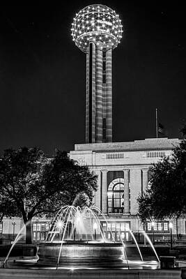 Skylines Royalty-Free and Rights-Managed Images - Dallas Texas Reunion Tower and Fountain - Monochrome by Gregory Ballos