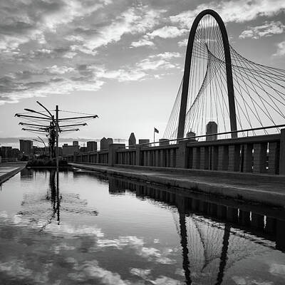 Skylines Photos - Dallas Texas Skyline and Margaret Hunt Bridge - 1x1 Black and White by Gregory Ballos