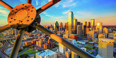 Skylines Photos - Dallas Texas Skyline Panorama From Reunion Tower at Sunset by Gregory Ballos