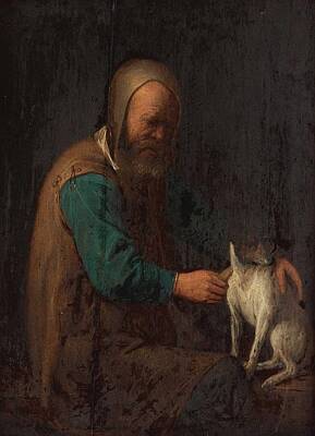 Man Cave - David Ryckaert D.y Attributed To, Man With A Dog And A Women With A Cat. by Celestial Images