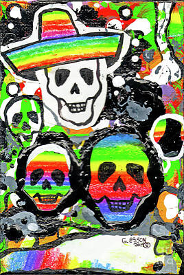 Roses Mixed Media Royalty Free Images - Day Of The Dead Sugar Skulls With Sombrero Royalty-Free Image by Genevieve Esson