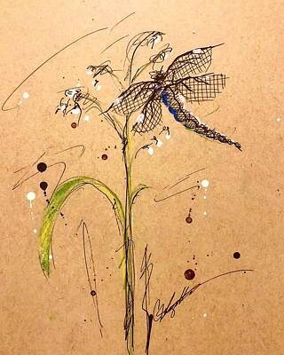 Fantasy Drawings - Dragon fly In Sweetgrass by C F Legette
