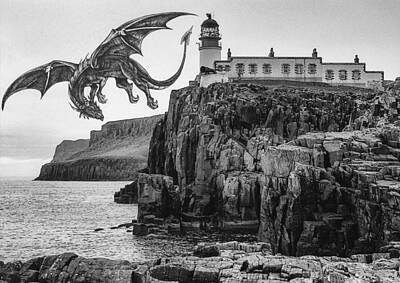 Fantasy Drawings - Dragon  On Lighthouse by Valerio Poccobelli