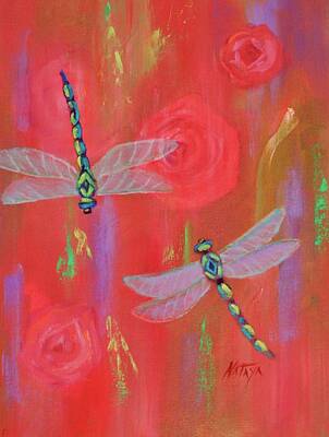 Recently Sold - Roses Royalty Free Images - Dragonfly N Roses Royalty-Free Image by Nataya Crow