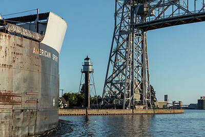 City Scenes - Duluth Lift Bridge Ship American Spirit 1 by John Brueske