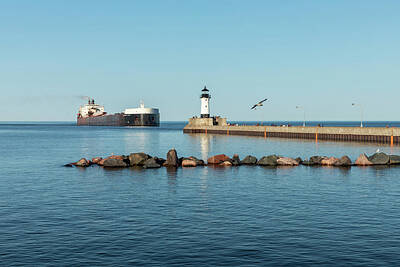 Beach Royalty-Free and Rights-Managed Images - Duluth N Pierhead and Ship 7 B by John Brueske