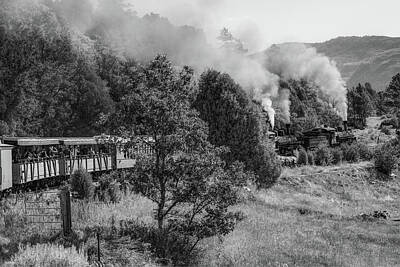 Transportation Royalty-Free and Rights-Managed Images - Durango Railroad Blowing Smoke - Colorado Mountain Landscape - Black and White by Gregory Ballos