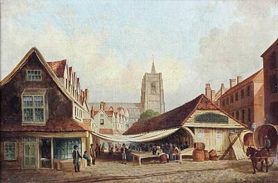 Skylines Paintings - E. Littlewood  19th Century English School  Townscape by Celestial Images