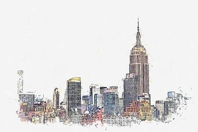 Pop Art - Empire State, New York, United States watercolor by Ahmet Asar by Celestial Images