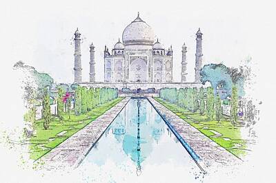 Clouds Royalty Free Images - Entering the Taj Mahal at the sunrise, Agra, India  c2019, watercolor by Adam Asar Royalty-Free Image by Celestial Images