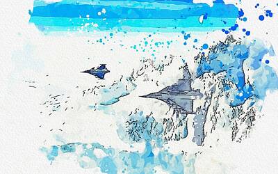 Abstract Ink Paintings In Color - F16 Fighter Jets flying over Arctic Circle watercolor by Ahmet Asar by Celestial Images