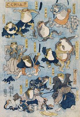 Comics Paintings - Famous Heroes of the Kabuki Stage Played by Frogs by Utagawa Kuniyoshi  1798-1861  by Celestial Images