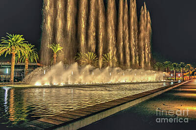 Global Design Abstract And Impressionist Watercolor Rights Managed Images - Fantasy Fountain Night Lit San Pedro Gateway Royalty-Free Image by David Zanzinger