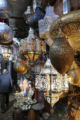 Beach House Throw Pillows - Filigree metal lamps in a shop in the medina  by Steve Estvanik