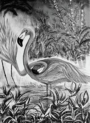 Tribal Patterns - Flamingos-Just Love, black and white by Michael Silbaugh