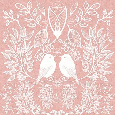 Floral Digital Art - Floral Bluebirds, pink and white. by Linda Joanne